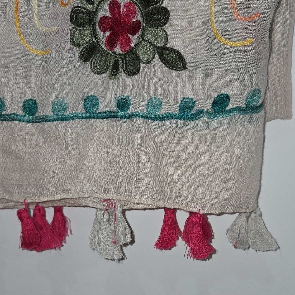 Vibrant Multi Colored Floral  Embroidered Boho Cottagecore Wrap/Scarf w/Tassels - Picture 5 of 7